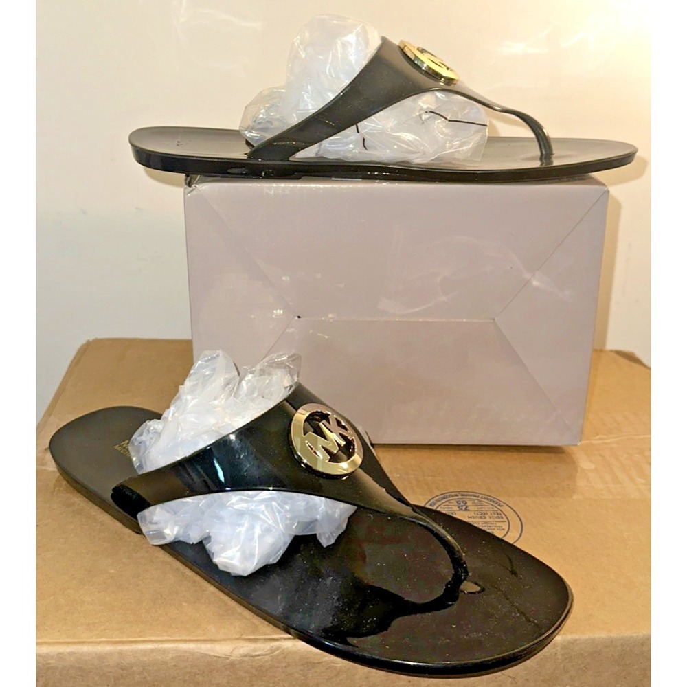 MICHAEL KORS Women Size 11M Lillie Jelly Thong Sandals Black Gold MK Logo